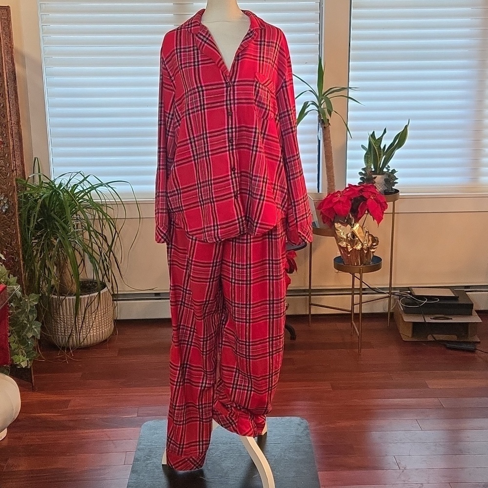 Victorias Secret Plaid Flannel Pajama Set Red Pink Size Medium Womens